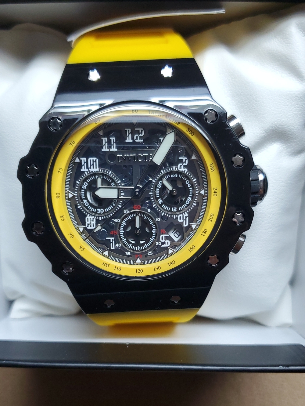 Invicta Yellow and Black Chronograph Watch with Multi-Subdial Dial